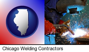 Chicago, Illinois - an industrial welder wearing a welding helmet and safety gloves
