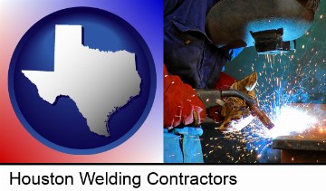 an industrial welder wearing a welding helmet and safety gloves in Houston, TX