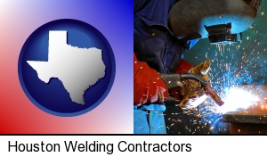 Houston, Texas - an industrial welder wearing a welding helmet and safety gloves
