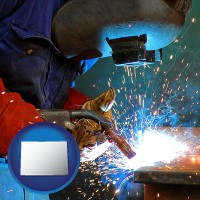 colorado map icon and an industrial welder wearing a welding helmet and safety gloves