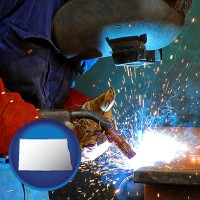 north-dakota map icon and an industrial welder wearing a welding helmet and safety gloves