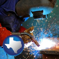 texas map icon and an industrial welder wearing a welding helmet and safety gloves